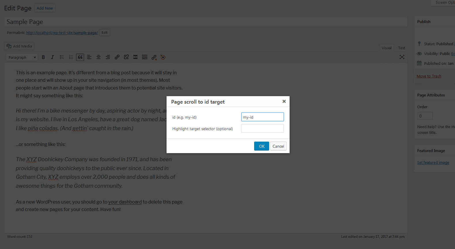 Visual editor "Insert Page scoll to id target" modal