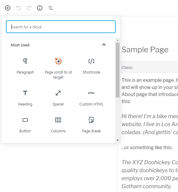 Gutenberg block editor "Page scoll to id target" custom block