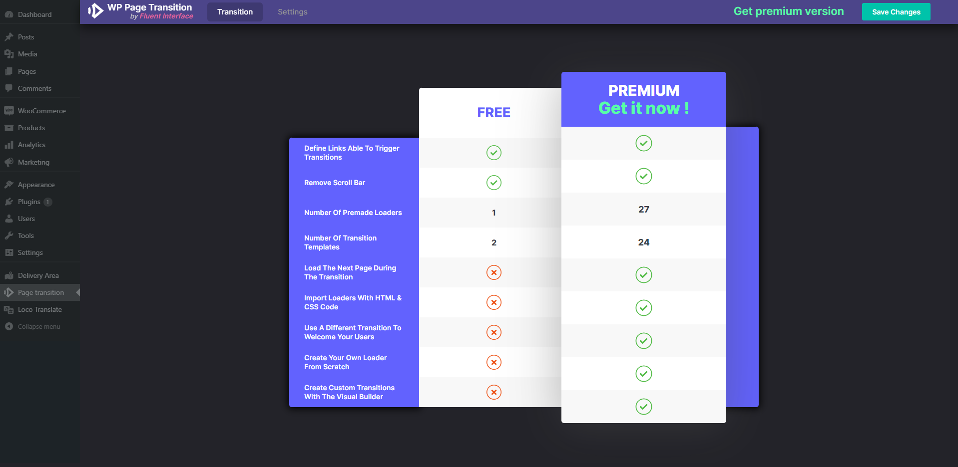 Comparative table of the pro and free version of the WP Page Transition plugin.