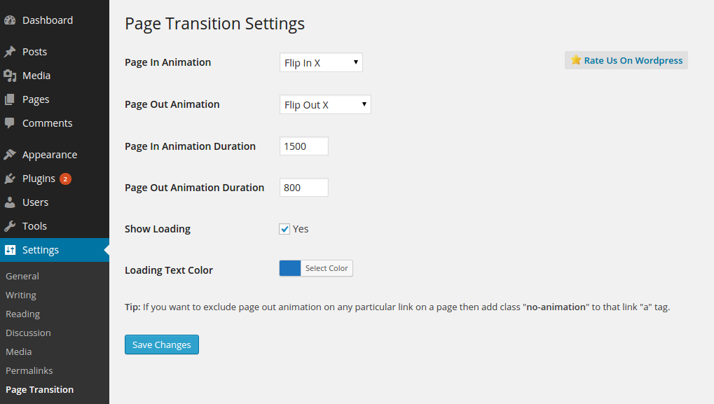 Admin settings/options screenshot