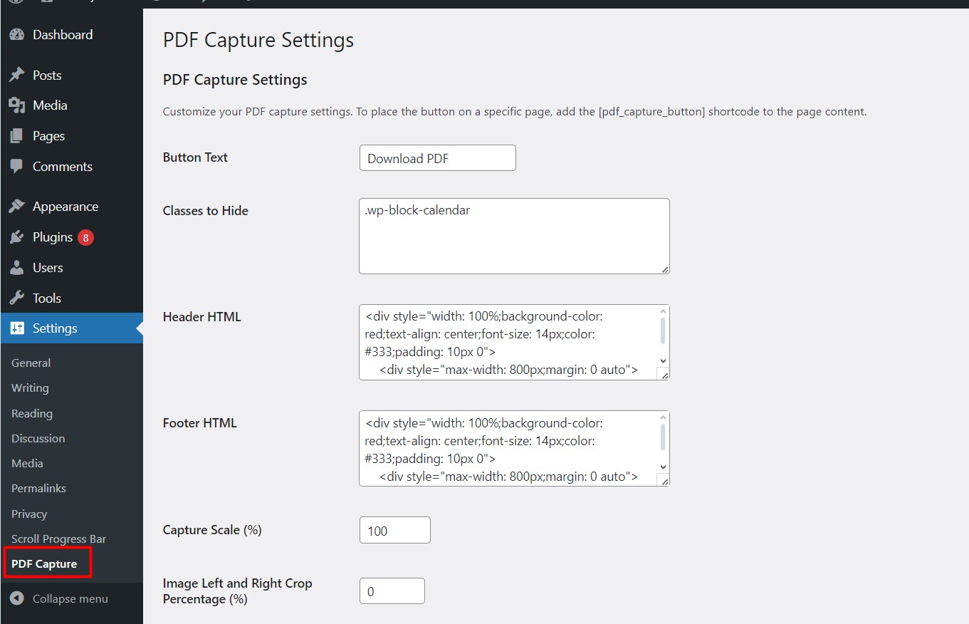 Plugin settings page for configuring PDF options.