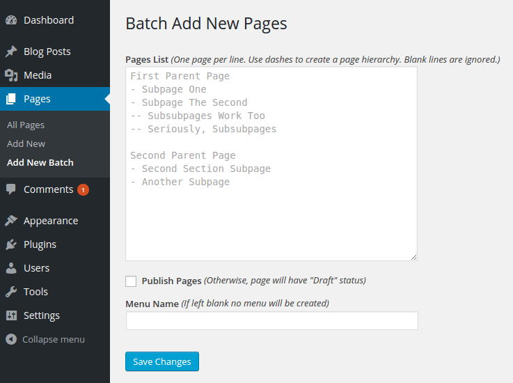 Form used to create your new batch of pages.
