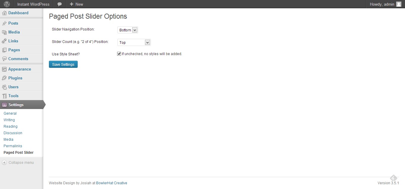 The Paged Post Slider Settings page.