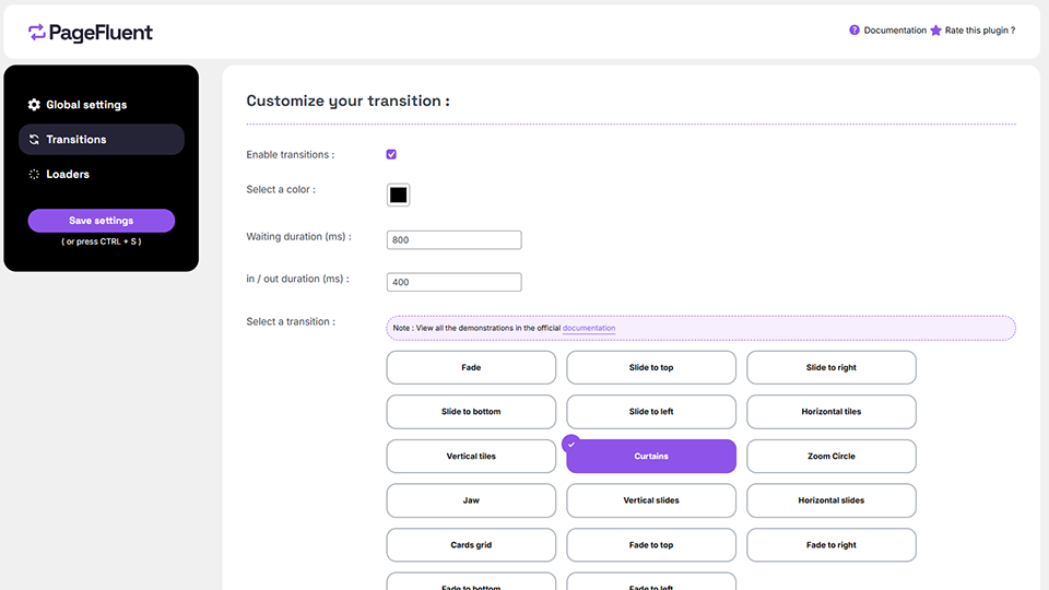 transitions settings