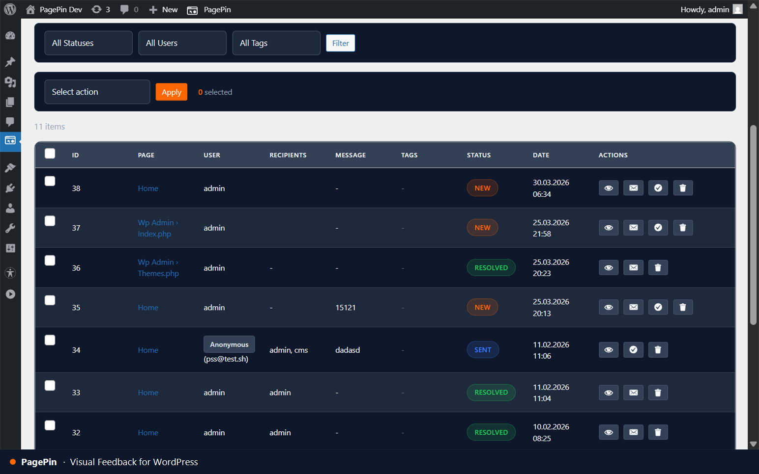 Pinshot management — filter, track status, and bulk actions
