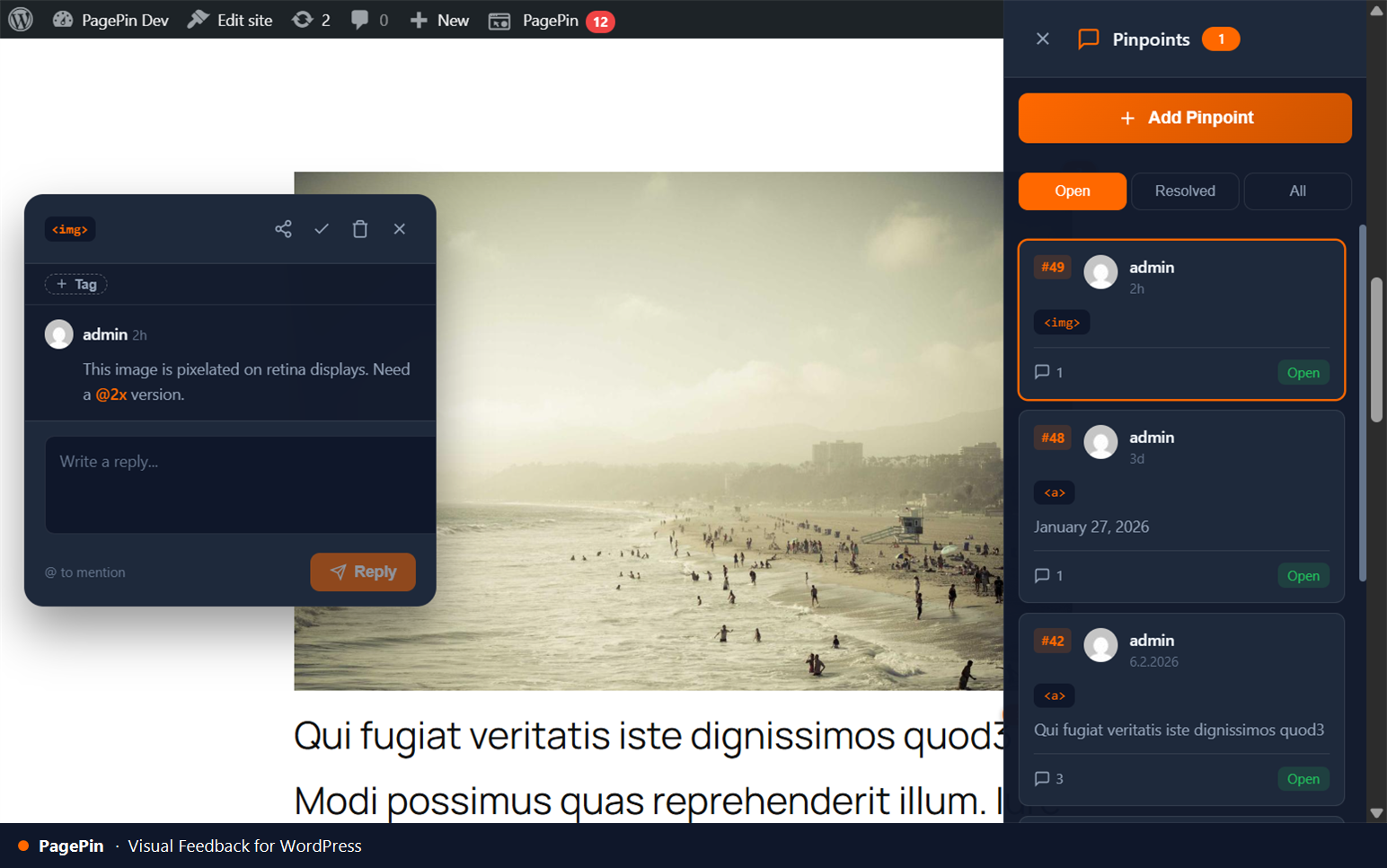 Pinpoint sidebar — threaded comments on page elements