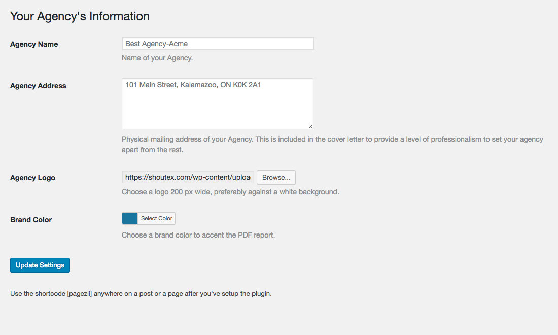 Plugin Setup screen to customize with Agency Name, Logo, Brand colors, etc.