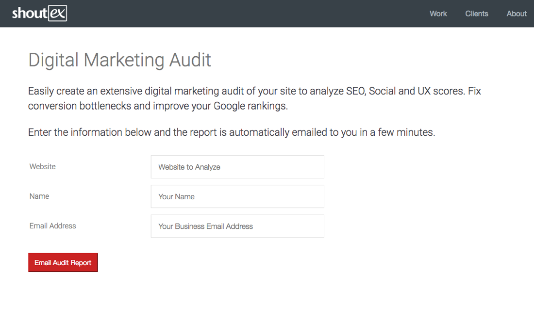 Sample Audit form embedded in a landing page using short codes