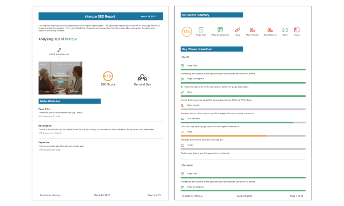 Sample PDF report created with SEO, Social, UX and Blog reports