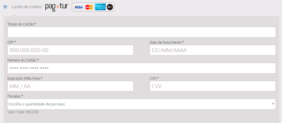 PagTur Payment Form - Acceptance of Brazilian credit cards with installment and automatic exchange.