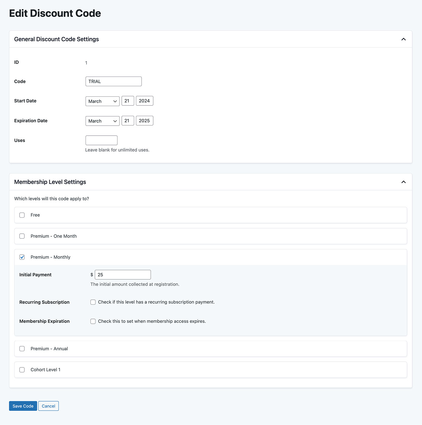 Filterable Sales Revenue Reports (reports also included for Visits, Views, Logins, Signups, Cancellations, and other Membership Stats).