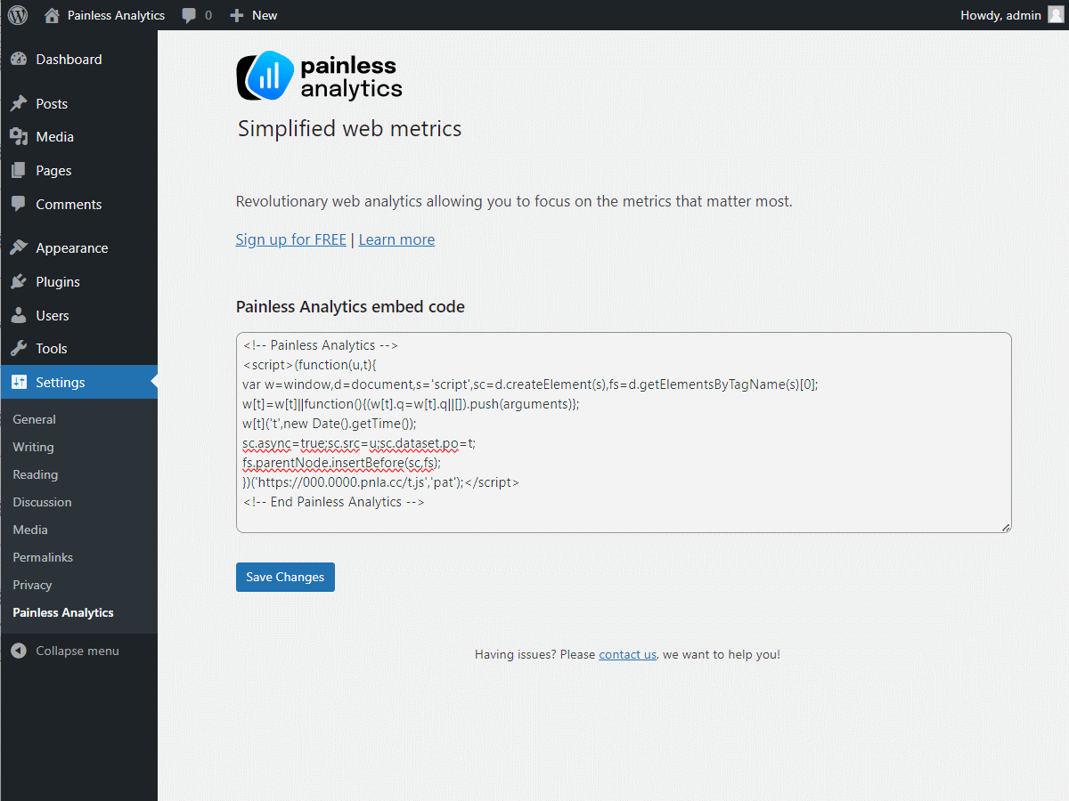 Painless Analytics setup, enter your embed code and click 'Save Changes'
