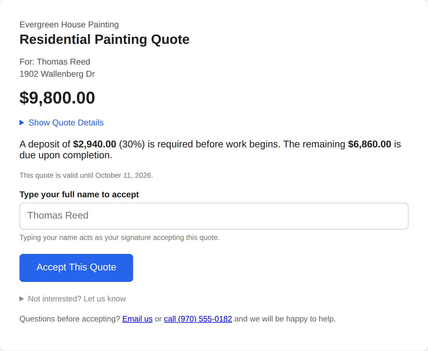 The customer's accept page: branded, e-signed, with online deposit.