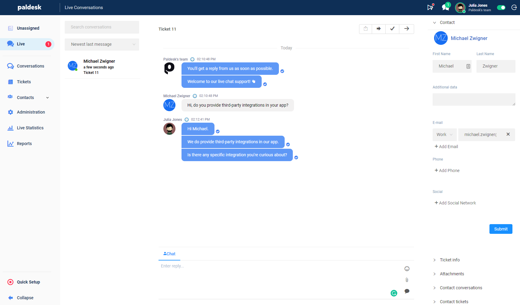 Paldesk is a live chat plugin that helps businesses proactively chat in real-time with website visitors.