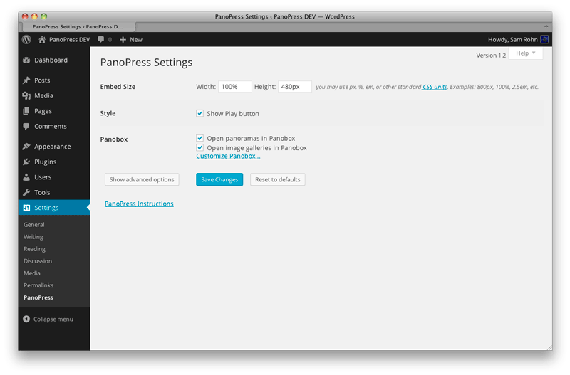 **PanoPress Basic Settings** - Panorama size, preview button and PanoBox