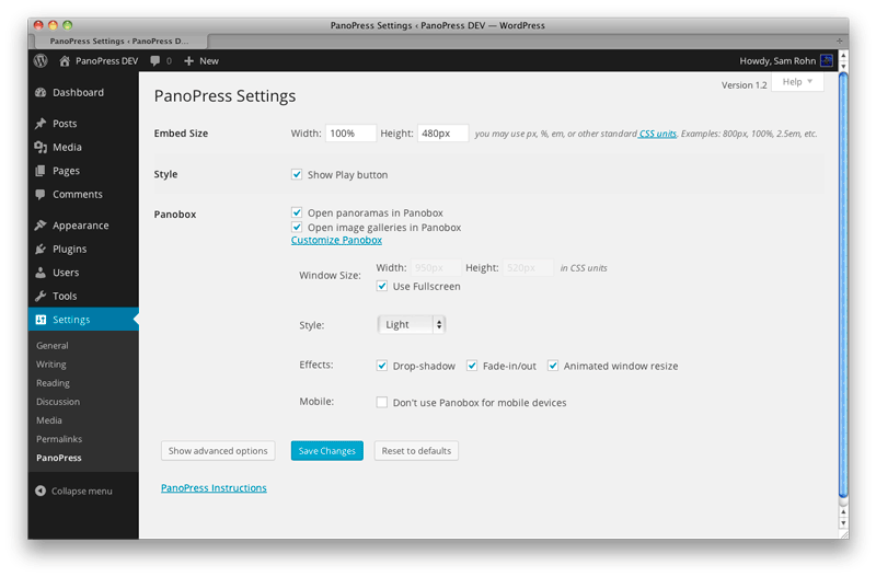 **PanoPress PanoBox Settings** - PanoBox size, Style, and other options