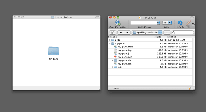 **Upload Panoramas via FTP** - Use FTP to upload Flash + HTML5 Panoramas, or upload single swf flash panoramas via the wordpress media uploader
