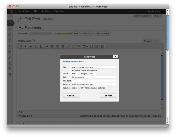 **Shortcode Button** - use the [PP] PanoPress button in the WordPress editor to embed your Panoramas