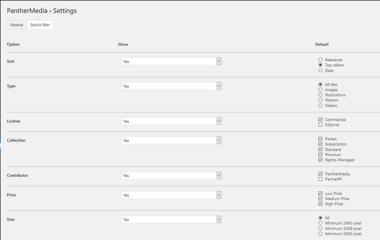 Settings search filters