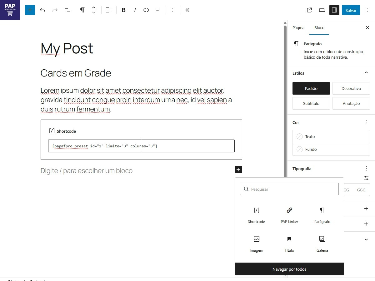 Gutenberg Block - PAP Linker in the block editor