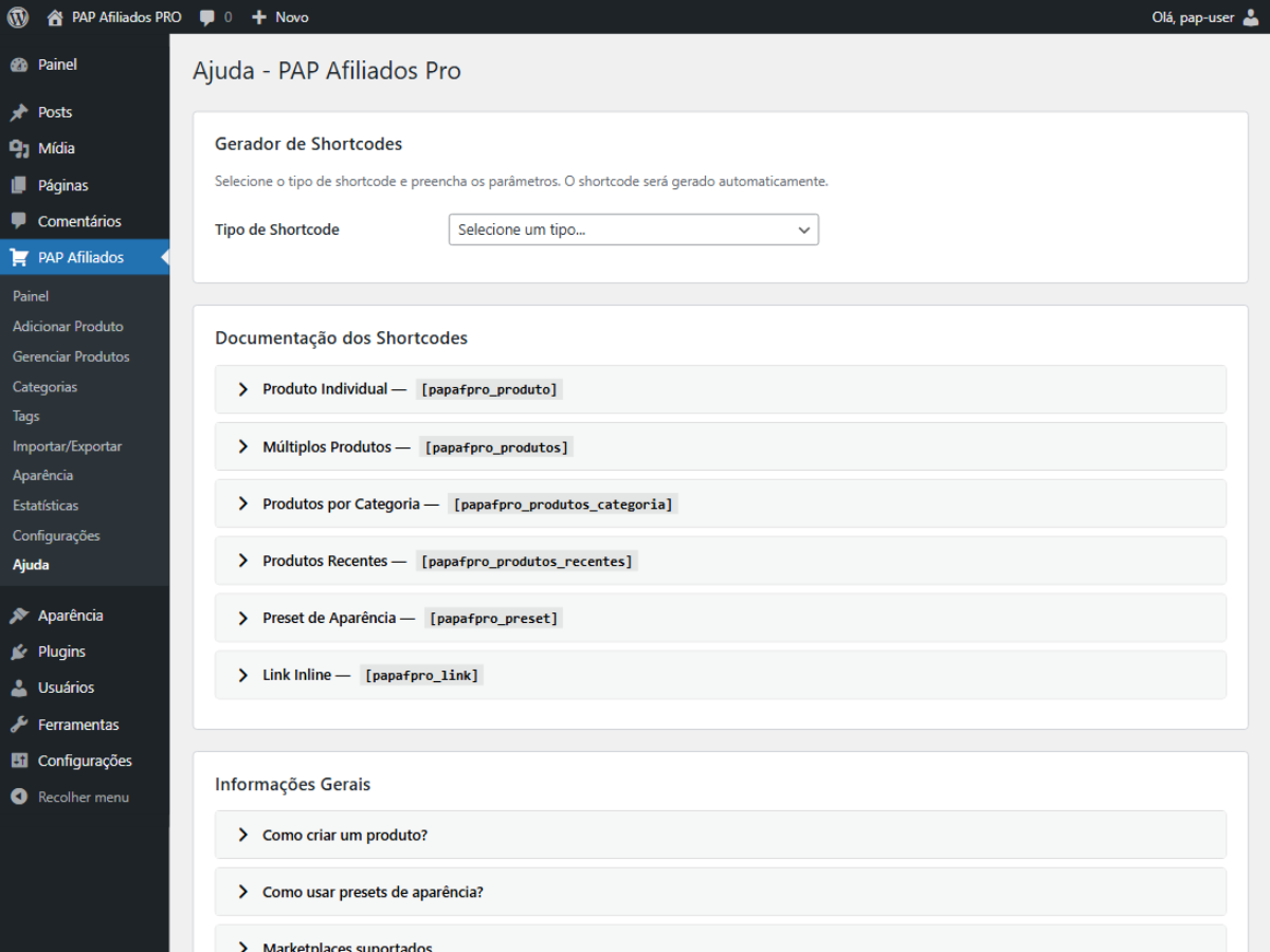 Help page with documentation and shortcode generator