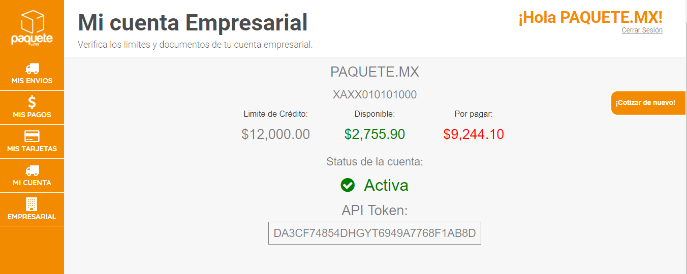 Admin de cuenta empresarial en Paquete.MX.