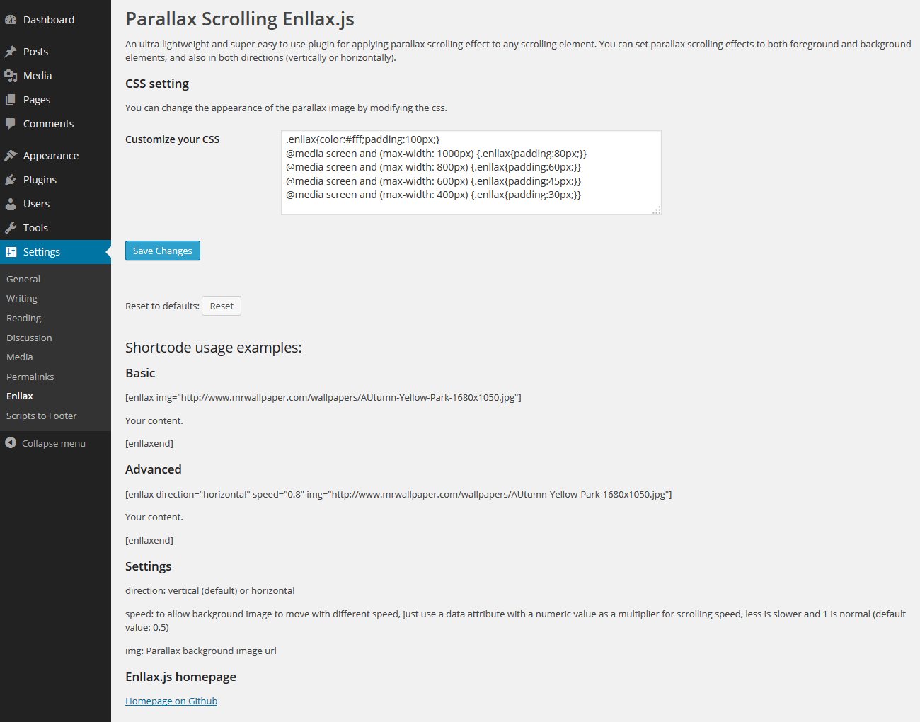 Settings page