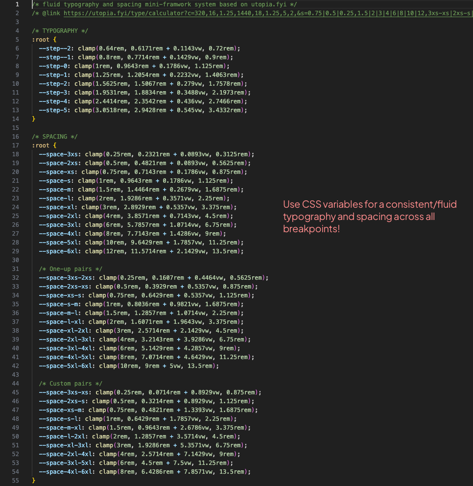 CSS variables of a fluid typography and spacing system