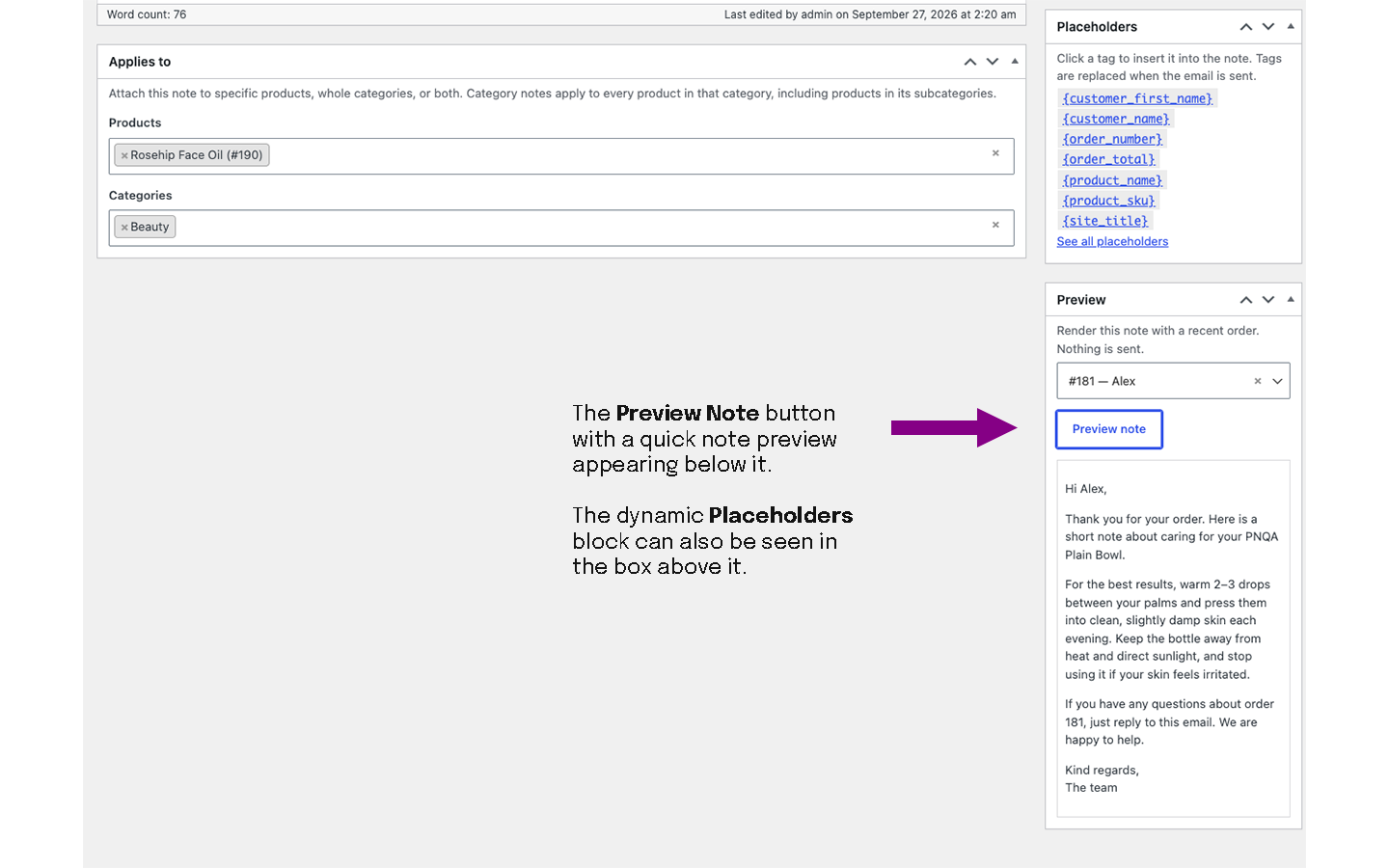 Preview order email content with real order data; placeholders replaced, nothing sent.