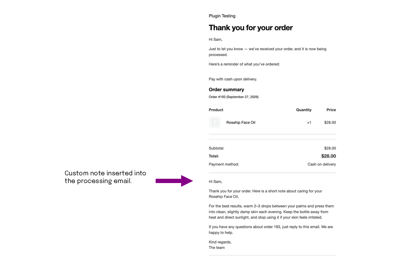 Custom note content inside the standard WooCommerce order email template.