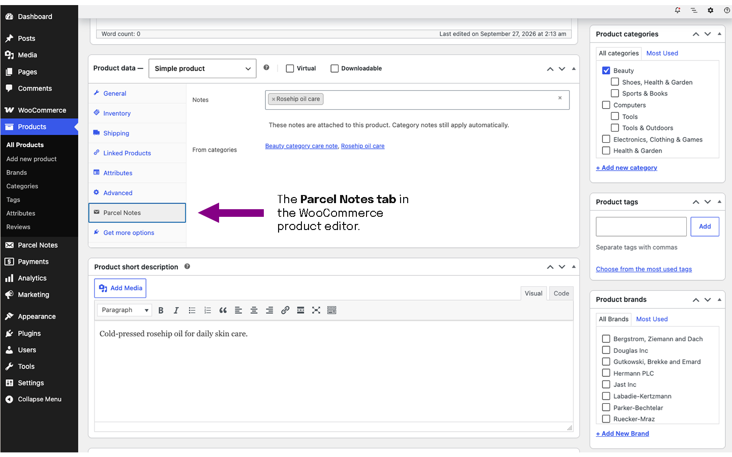Assign notes from the product screen; category rules apply to child categories.