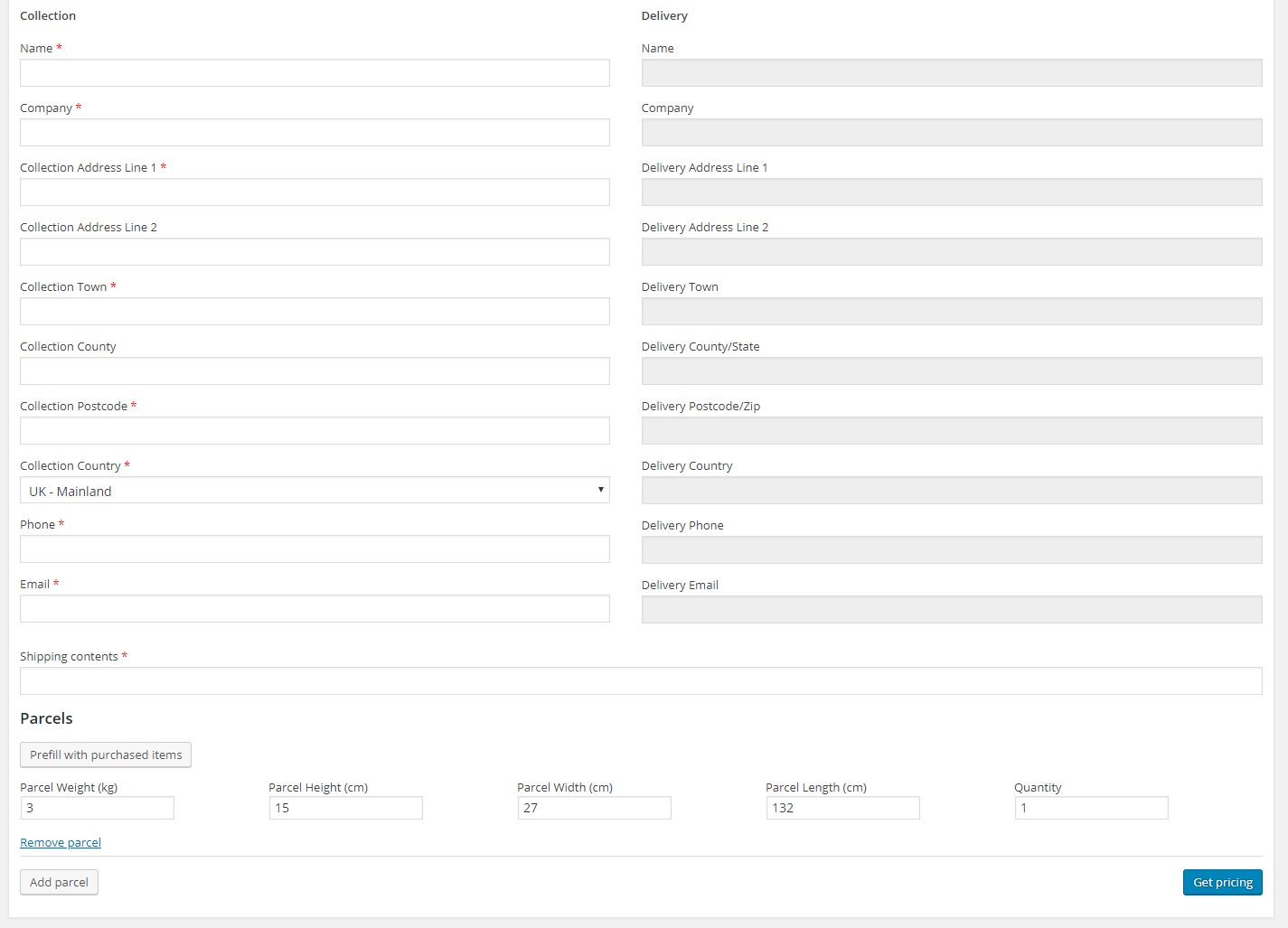 An overview of the collection and delivery address input screen