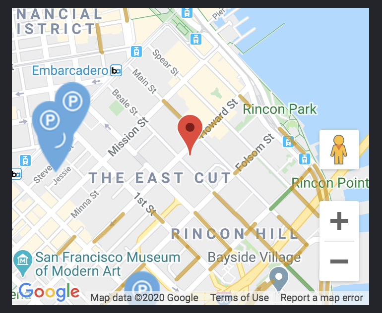 Parking near our office in San Francisco. Green on street means there's parking there available right now. Brown-Yellow means there is 50% chance of there being parking there right now. Nearest parking lots are included with blue P icons.