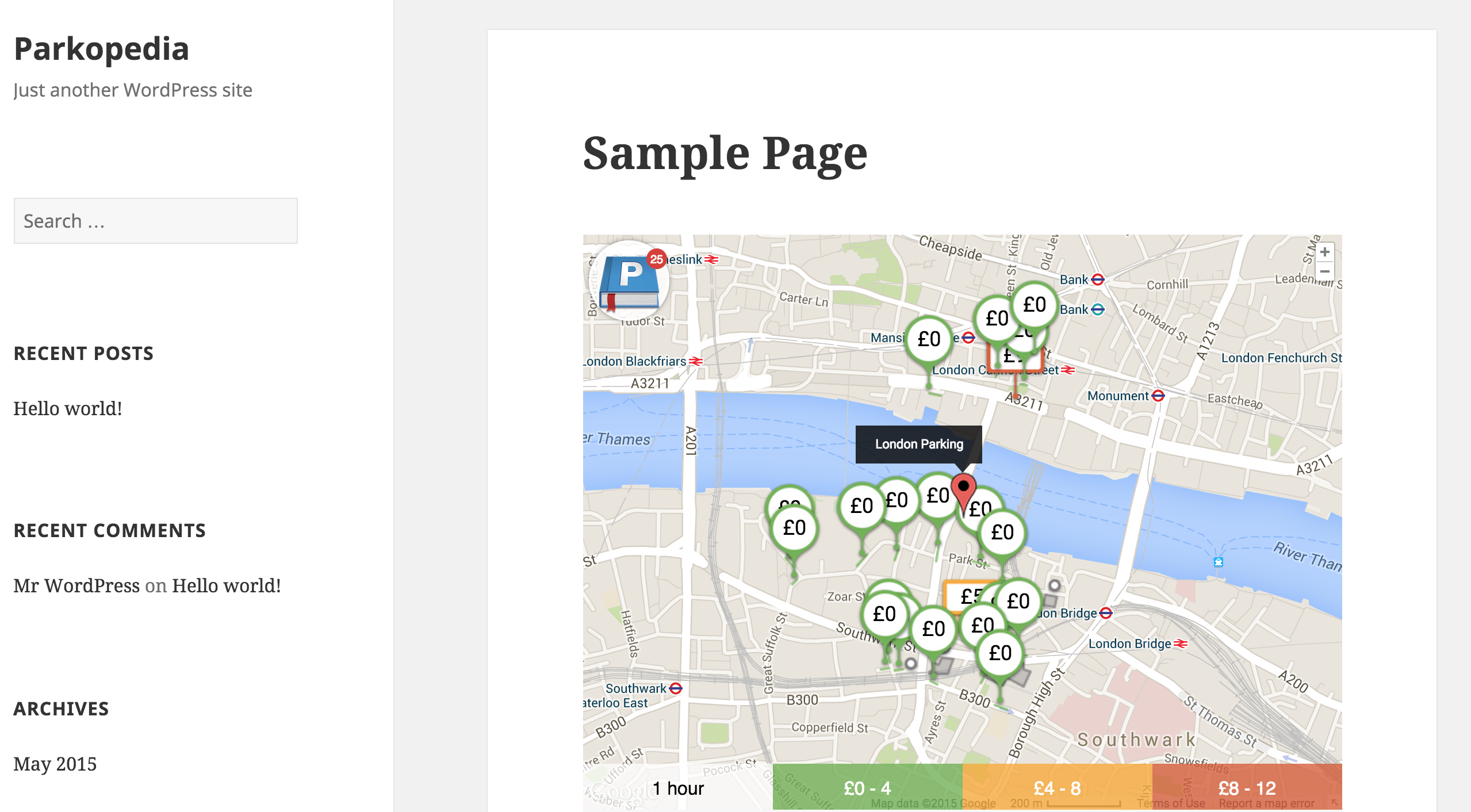 Demo of the Parkopedia map on a WordPress page.