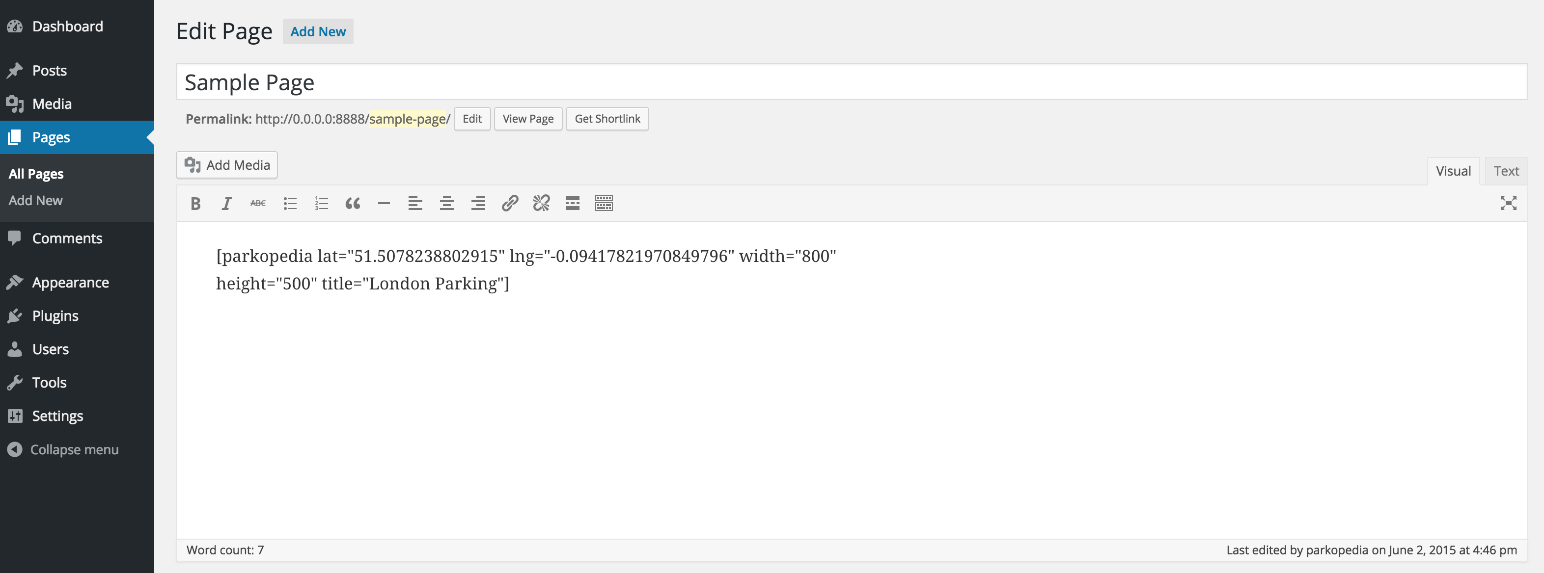 An example showing how to add the Parkopedia map to one of your pages, once you've installed and activated the plugin!