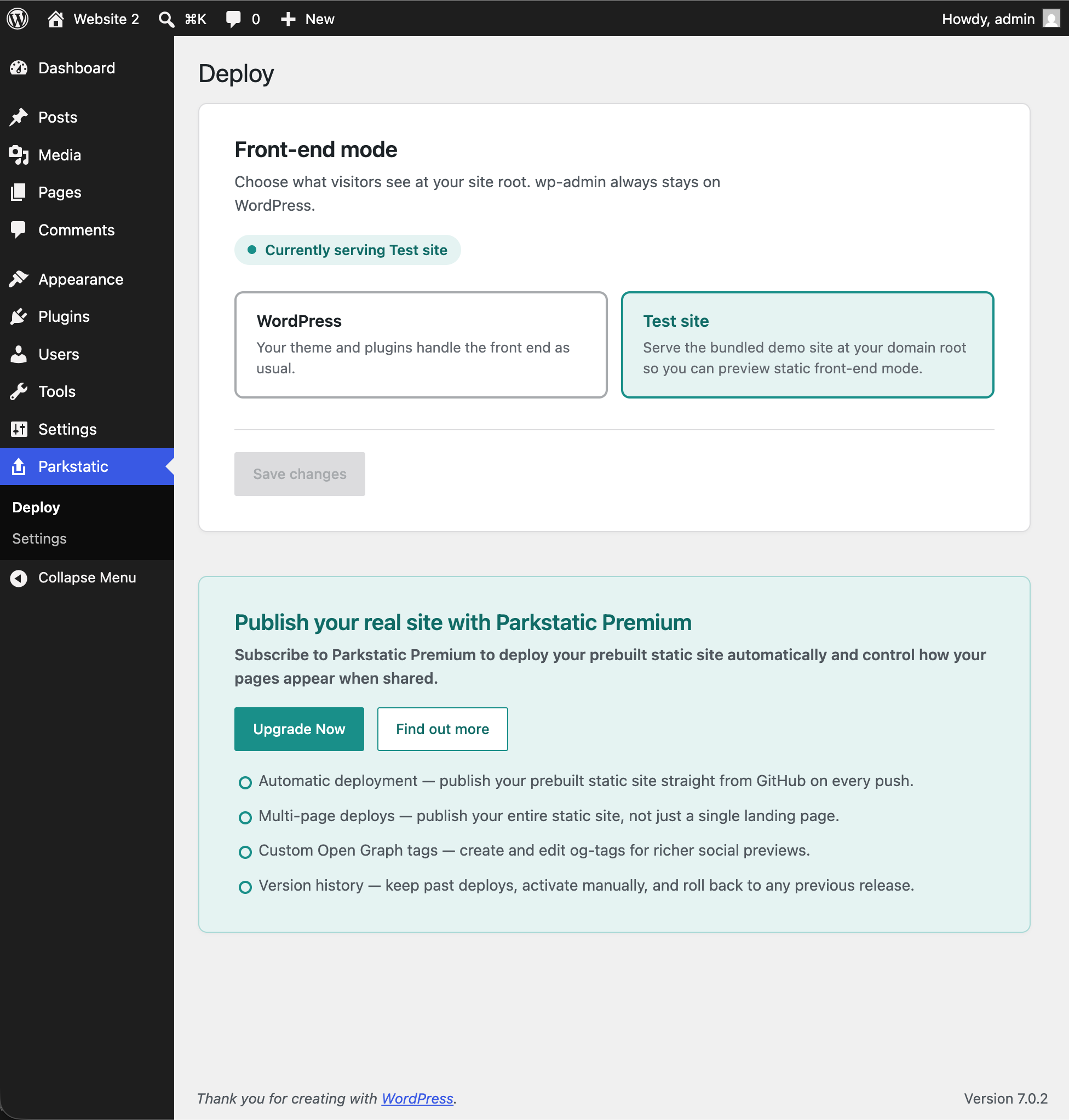 Deploy: Switch the public front end between WordPress and the bundled static Test site. wp-admin always stays on WordPress.