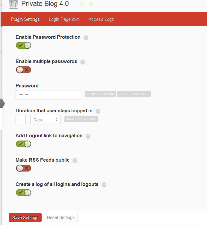 Easy to use admin panel can be accessed by clicking on 'Password Protect' under settings on the wordpress admin dashboard.