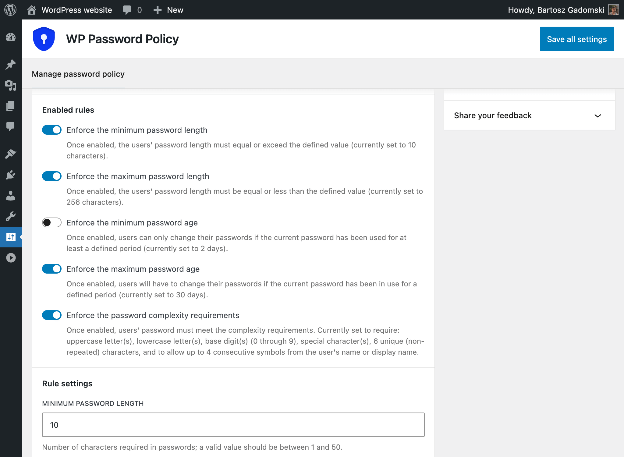 Password policy rules can be adjusted as needed.