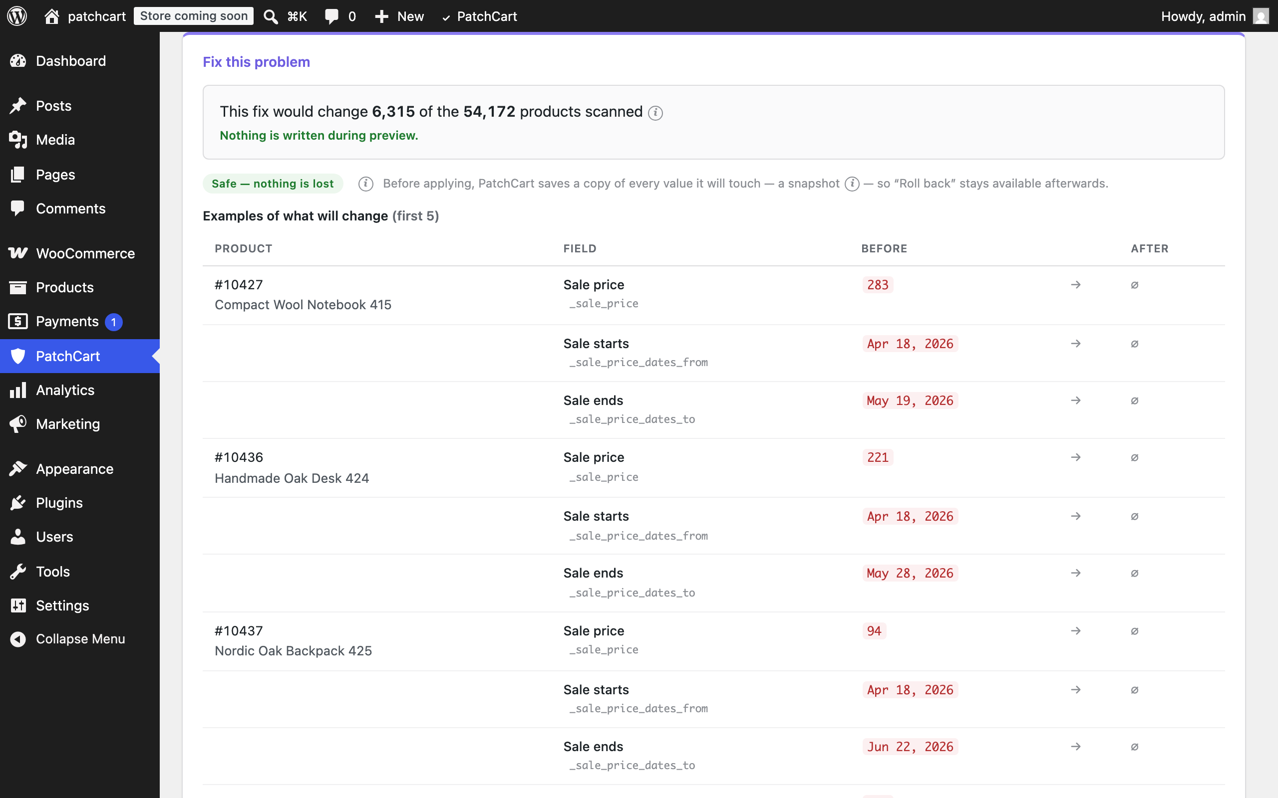 Repair preview — exact before → after values, nothing written until you apply.