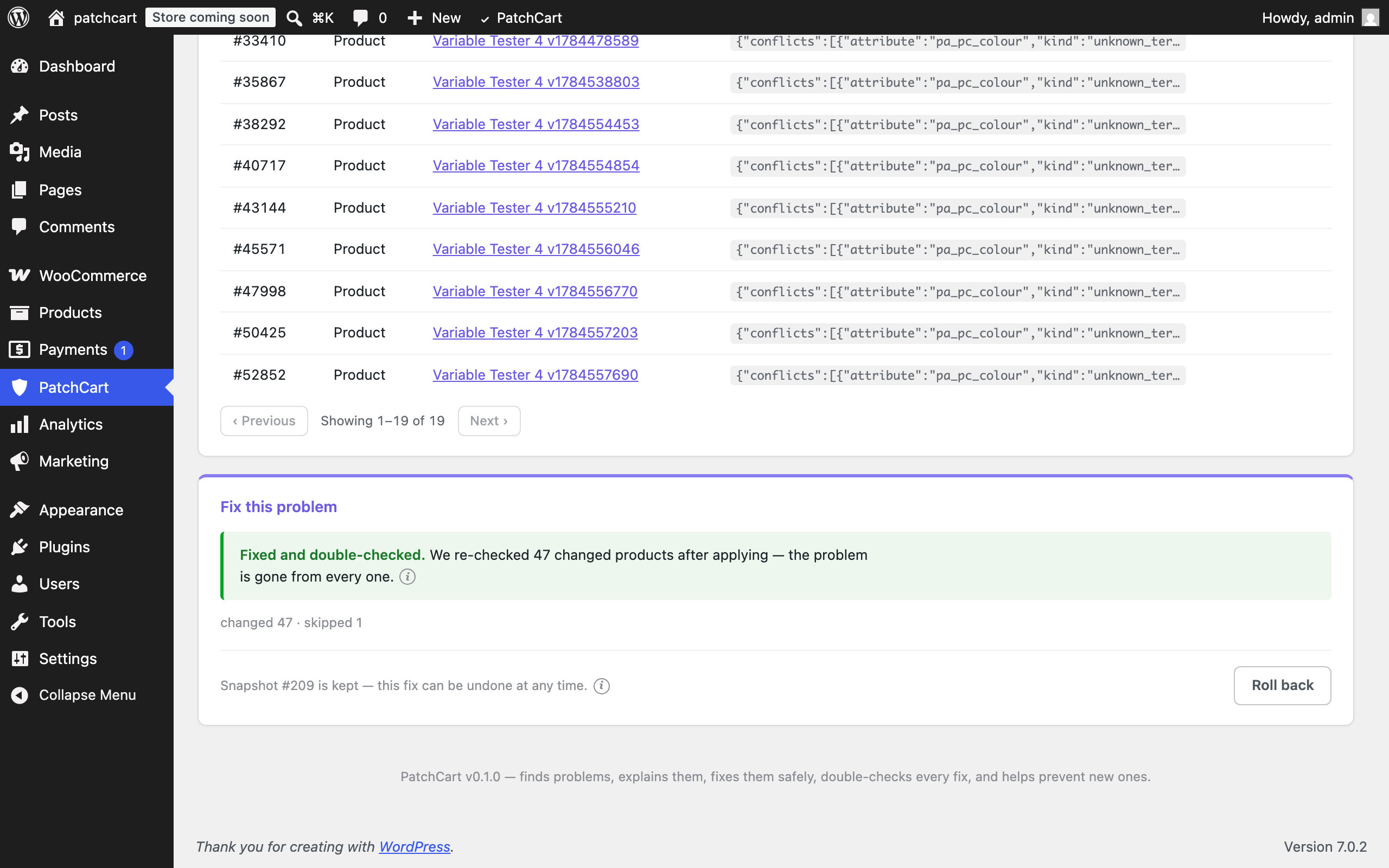 Verified result — every changed product re-checked, with a persistent Roll back button.