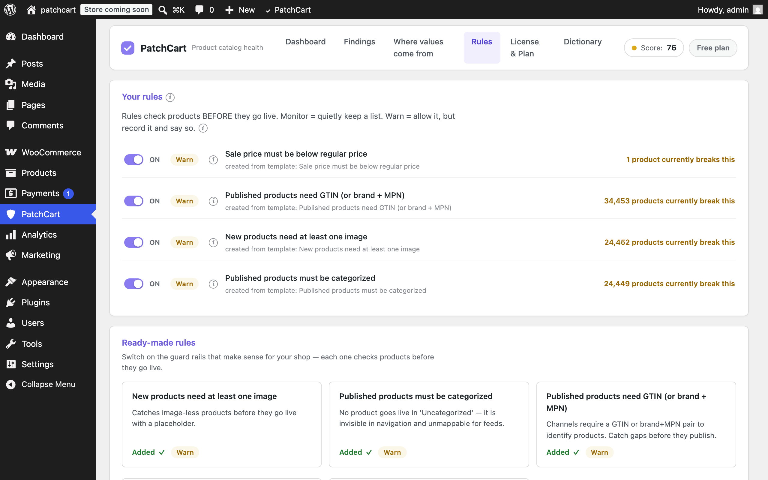 Rules — ready-made templates, each set to Monitor or Warn.