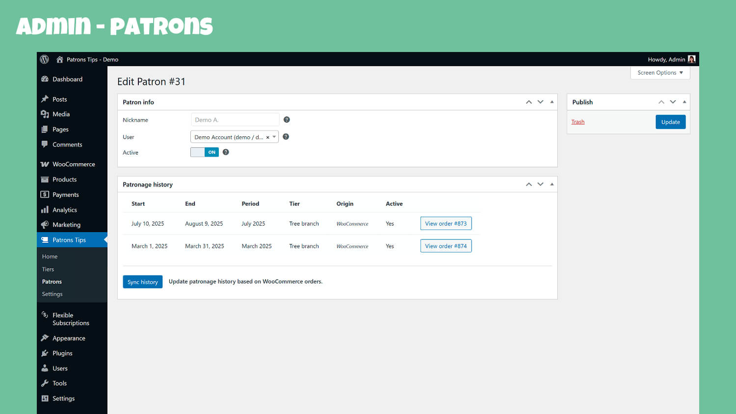 Create your tiers and fill in a title, image, description and price. These informations are used in the patronage form.