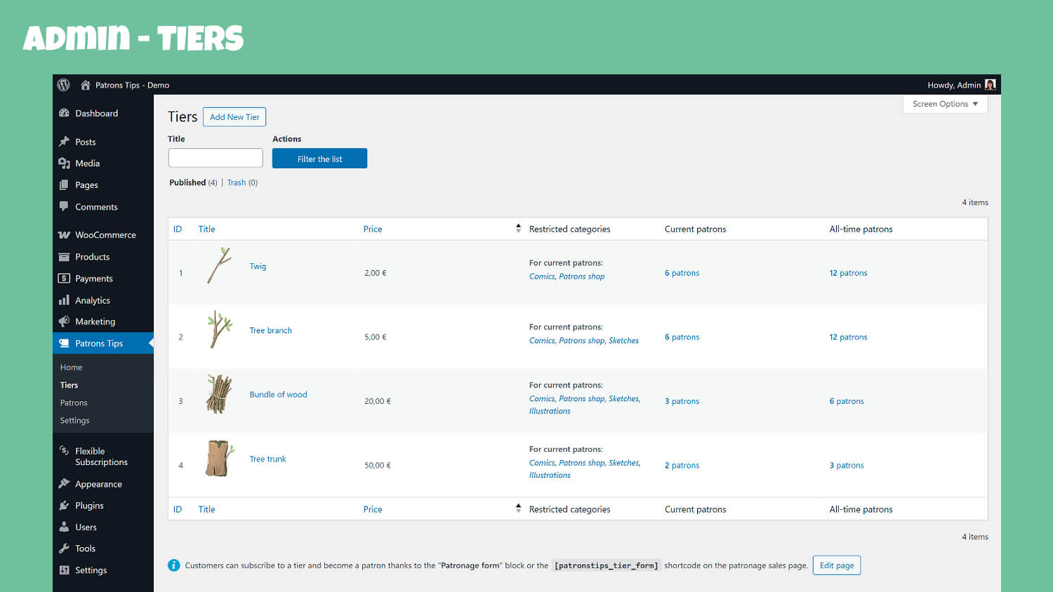 Use our many Blocks and Shortcodes to display patronage related content anywhere on your website. (1/2)