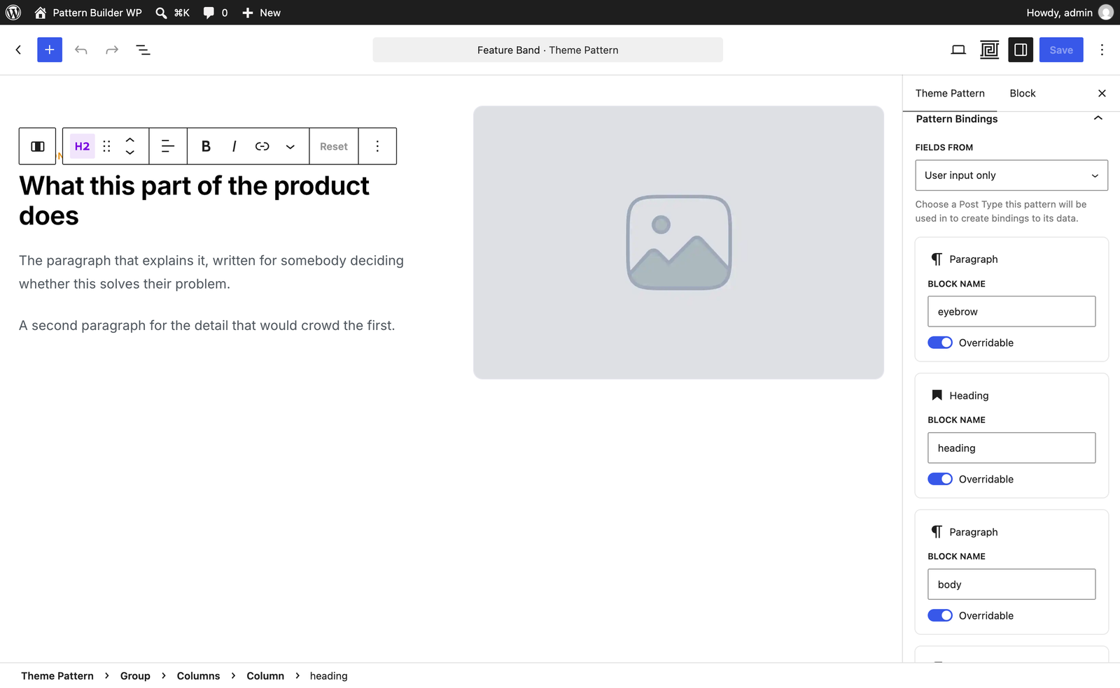 A theme pattern open in the WordPress editor, with the Pattern Bindings panel naming the blocks whoever places it may change.