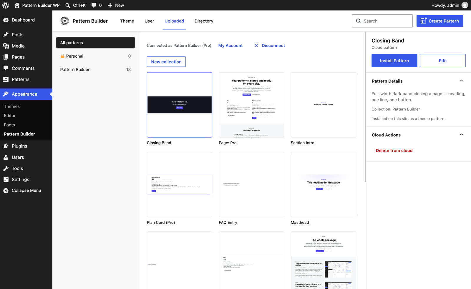 The Uploaded tab. Your collections on patternbuilderwp.com, with install and edit for each pattern.