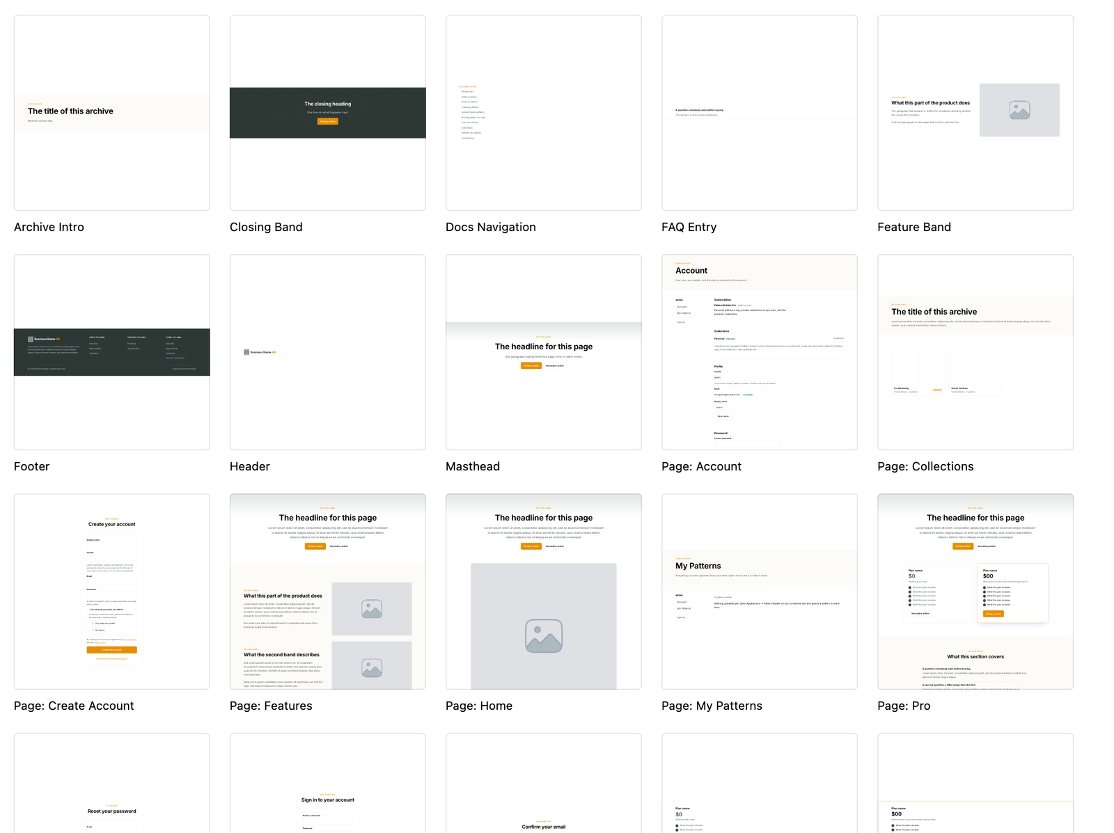 The patterns of one collection: the pages and sections of a whole site, installed as theme patterns and yours to edit.