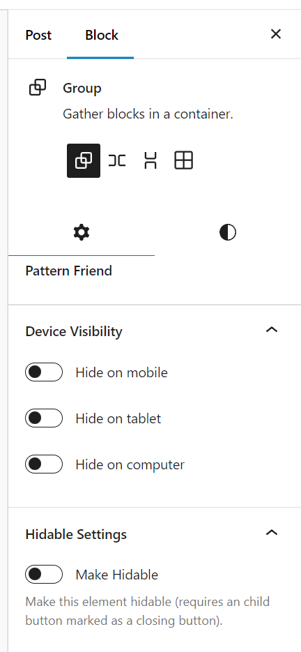 Elements can be assigned when to be hidden, and groups/rows/columns can be made hideable.