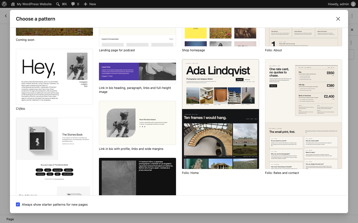 Folio: Home offered in the pattern chooser for a new page.