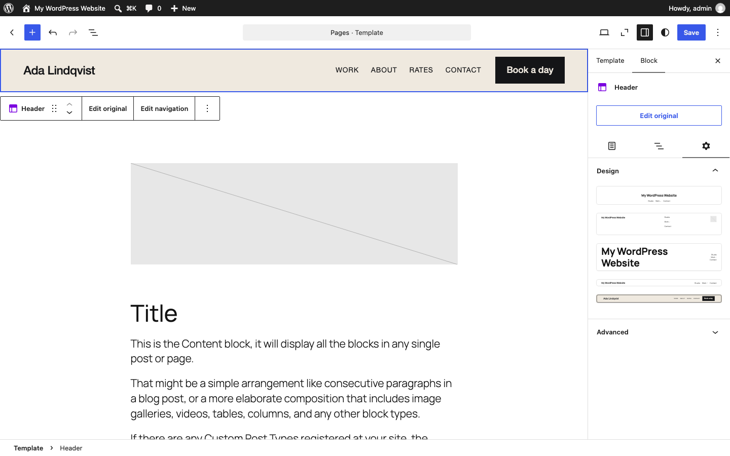Folio's navigation offered in the Site Editor when replacing the theme's header.