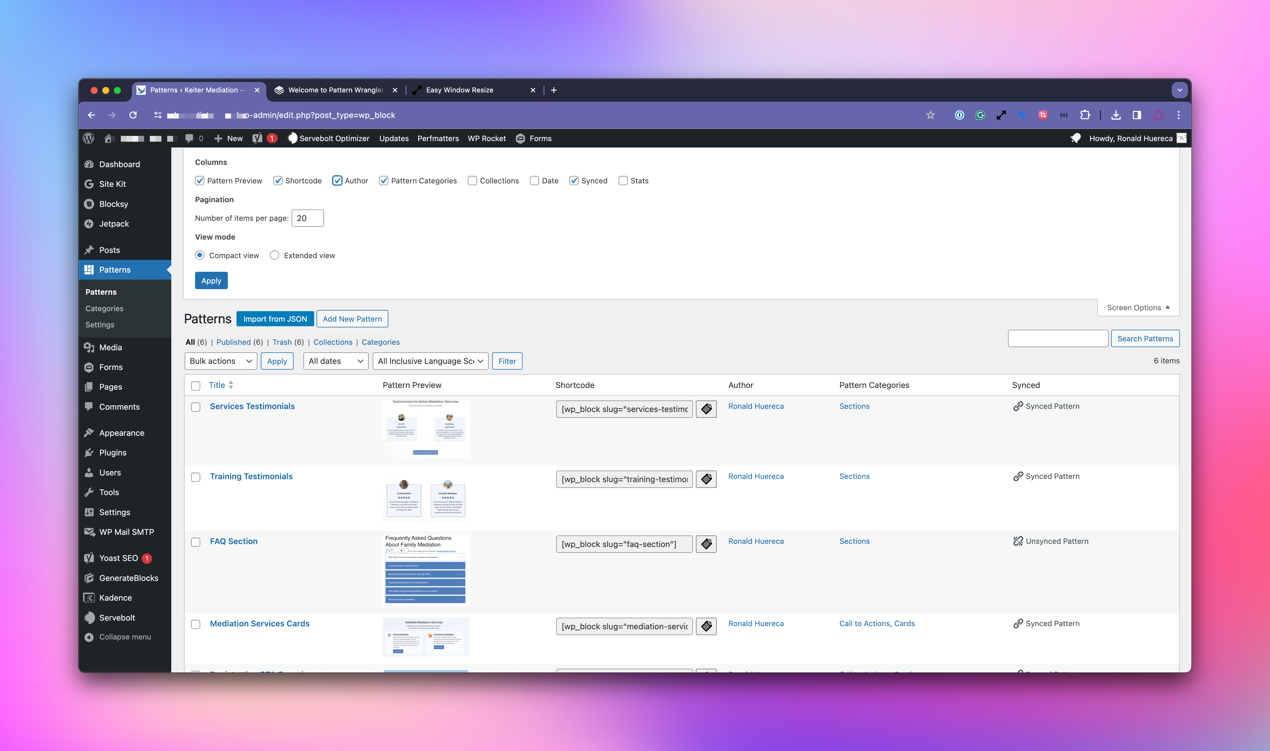 Enhanced Patterns List View with shortcode and category/sync columns.
